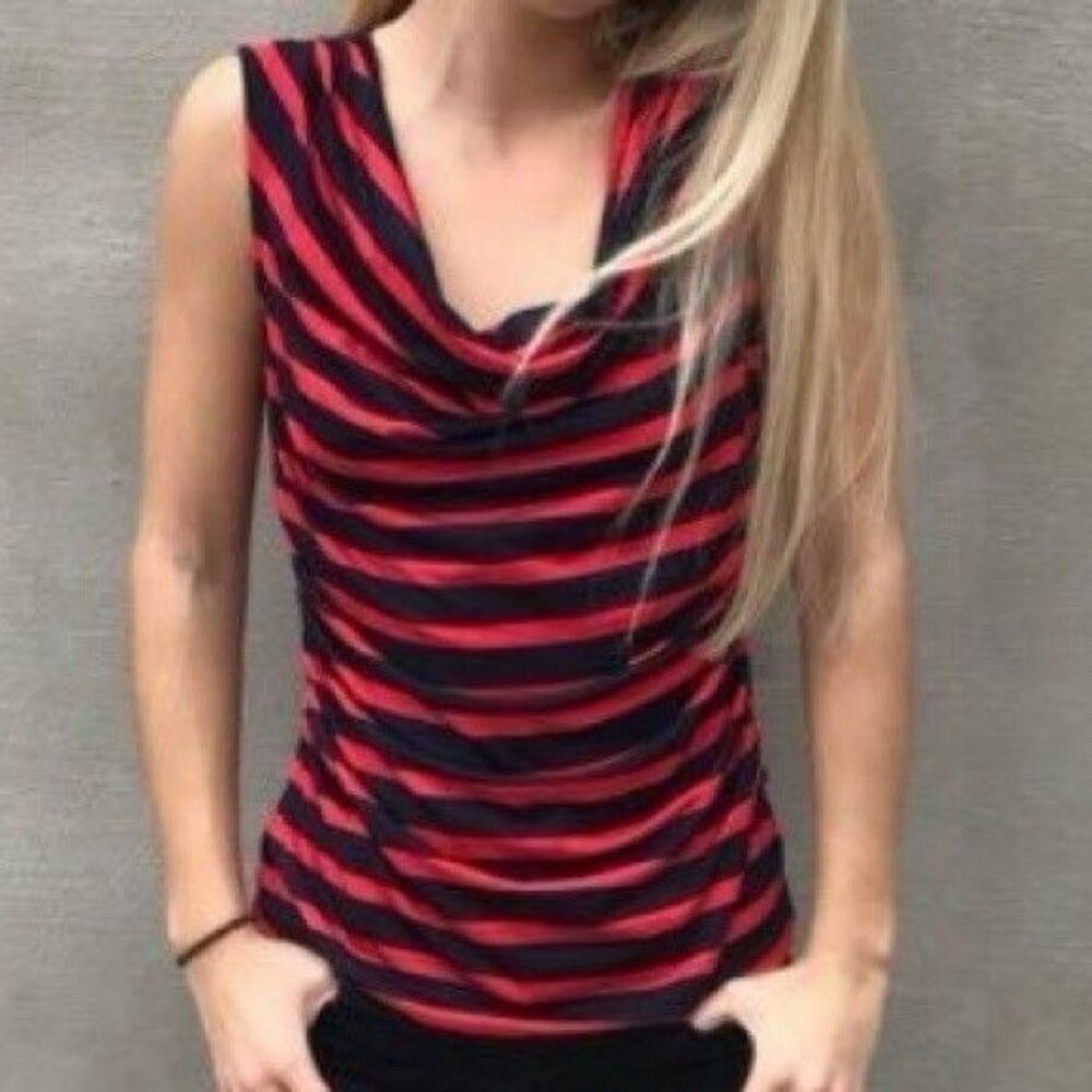 Ann Taylor red and blue striped sleeveless top Cowl Neck Rouched Sides Medium